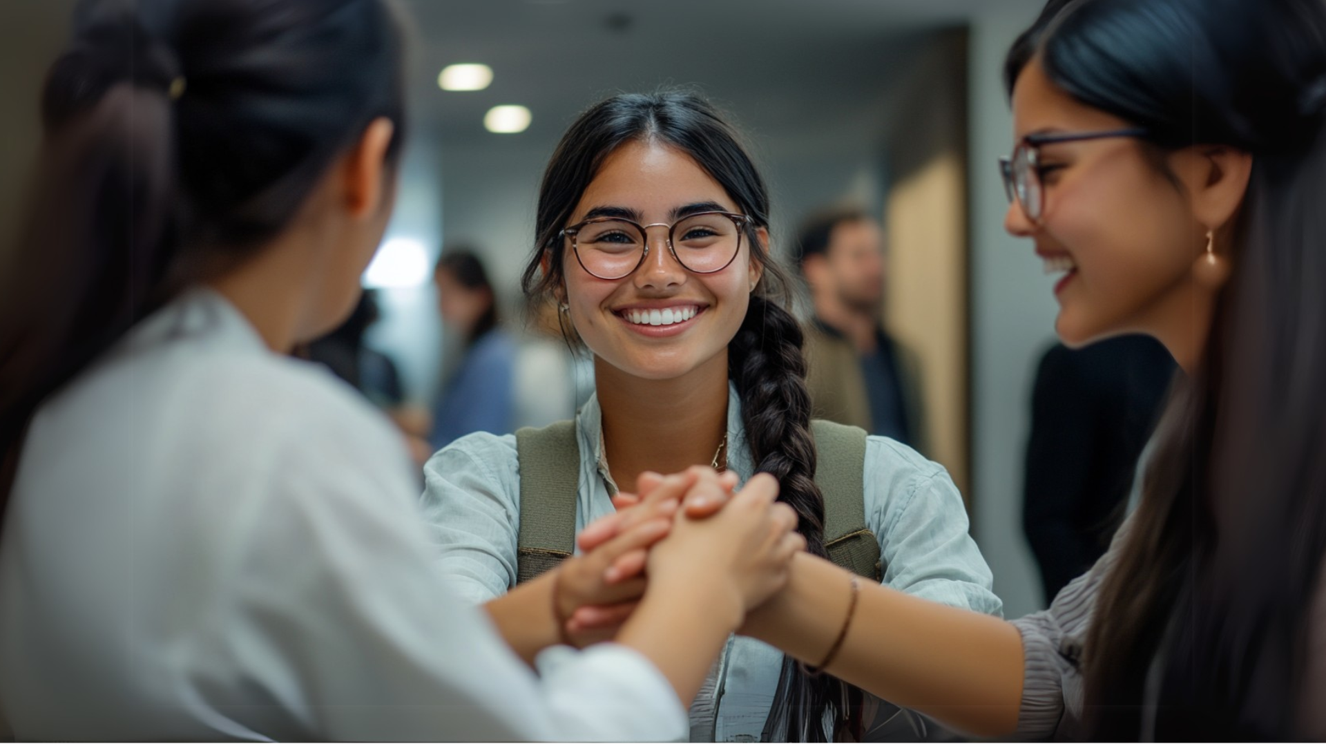 Studenții au o conversație strângându-și mâinile