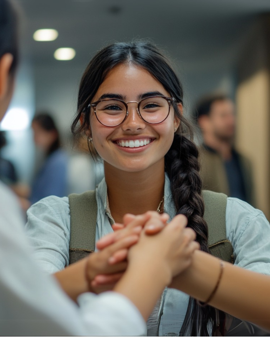 Studentul se uită la cameră în timp ce dă mâna cu colegii de muncă