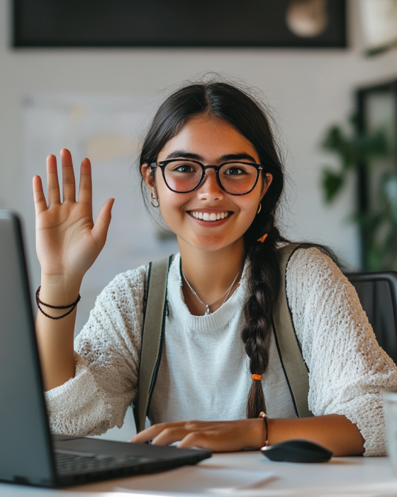 Studentul face cu mâna către cameră în timp ce ia lecții online cu coLanguage